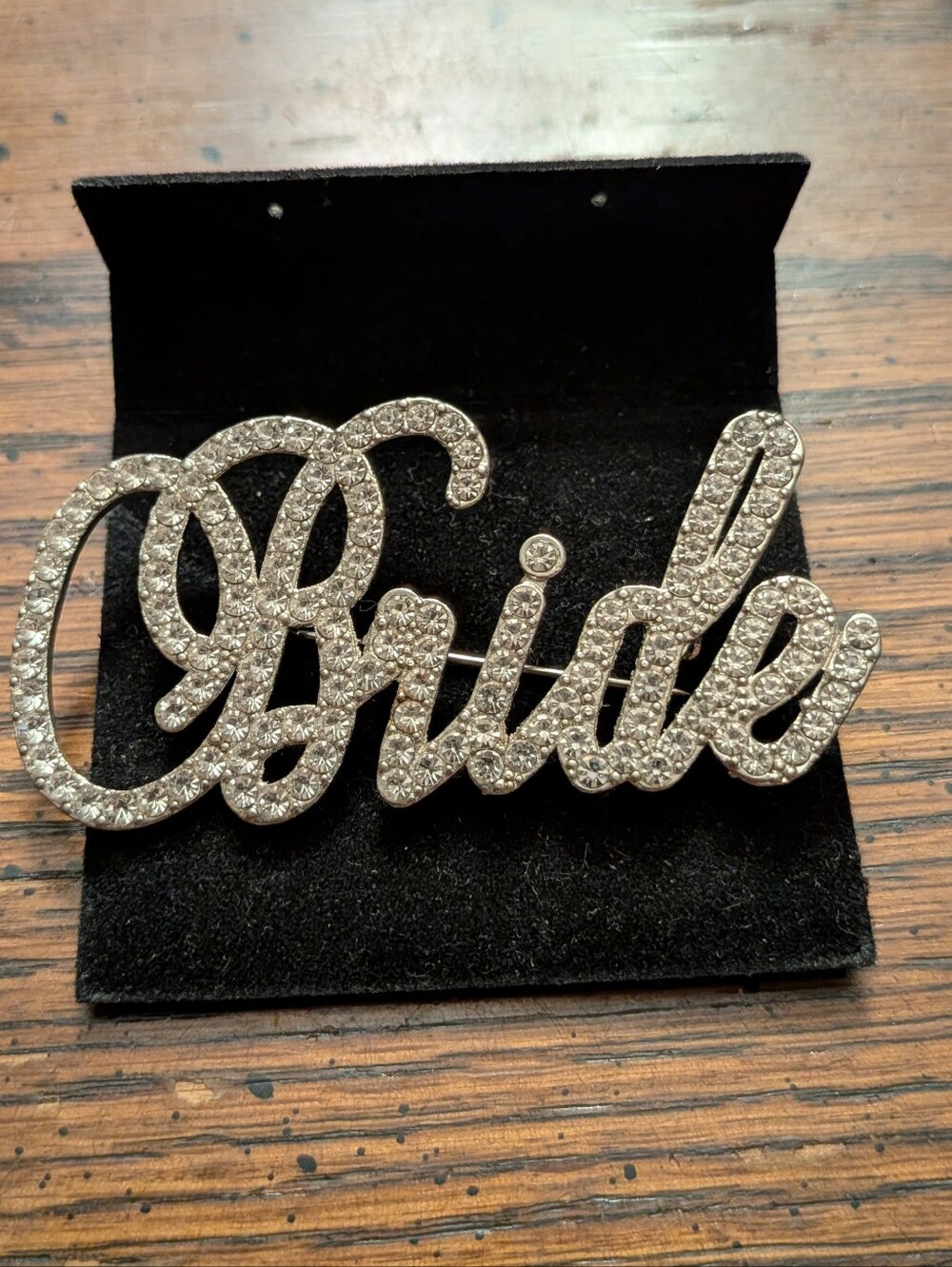 Bride Rhinestone Script Brooch - Sparkling Silver Bridal Pin
